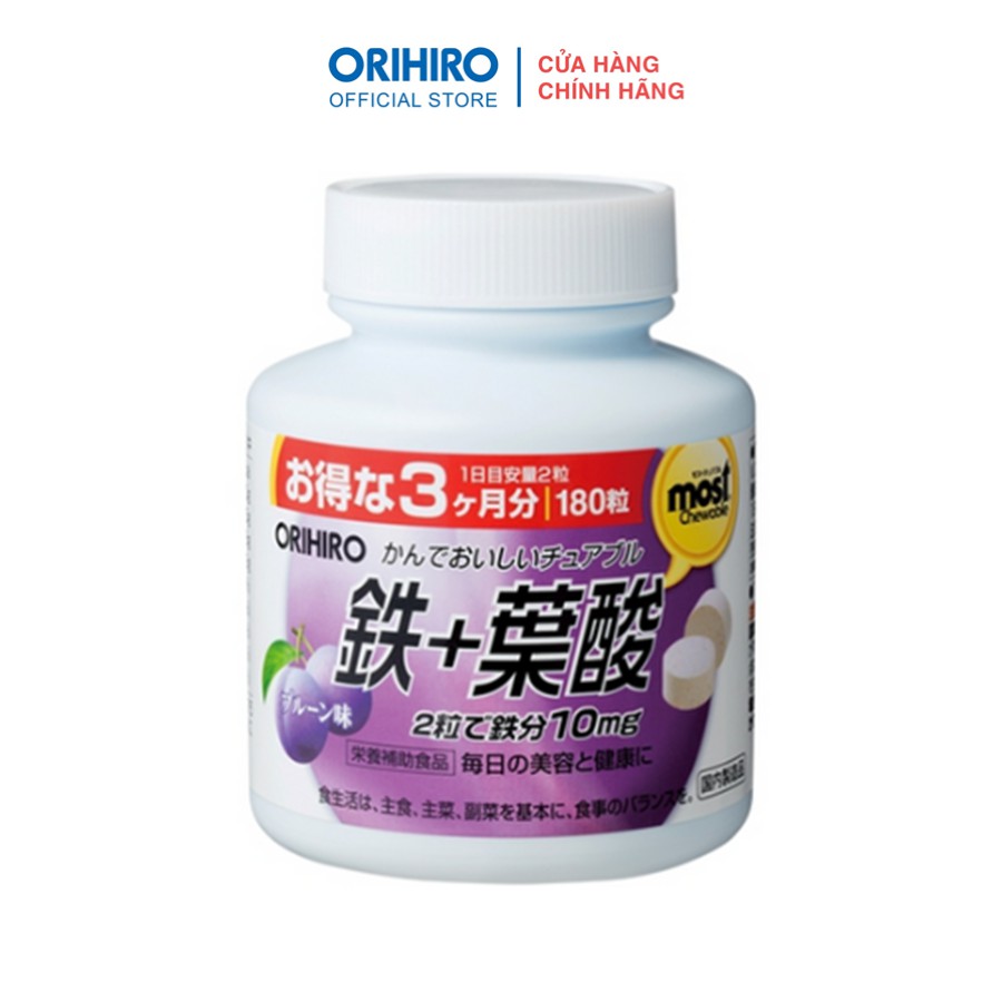 Viên nhai bổ sung Sắt Acid Folic Orihiro Most Chewable Iron 180 viên