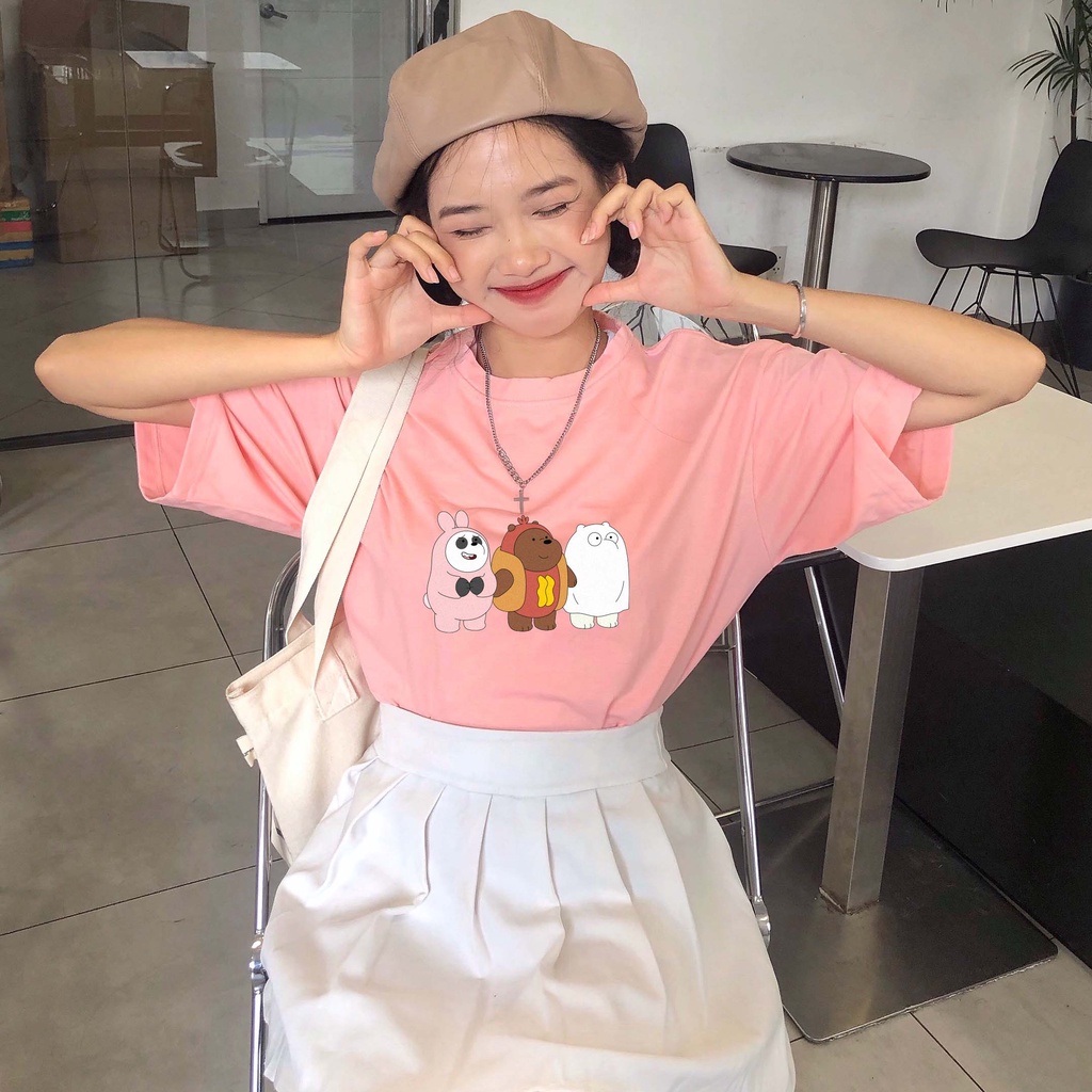 Áo thun unisex hoạt hình WE BARE BEARS vải cotton oversize tay lỡ form rộng