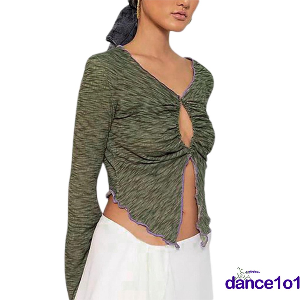 Áo nữ tay dài cổ chữ V thiết kế quyến rũ thời trang