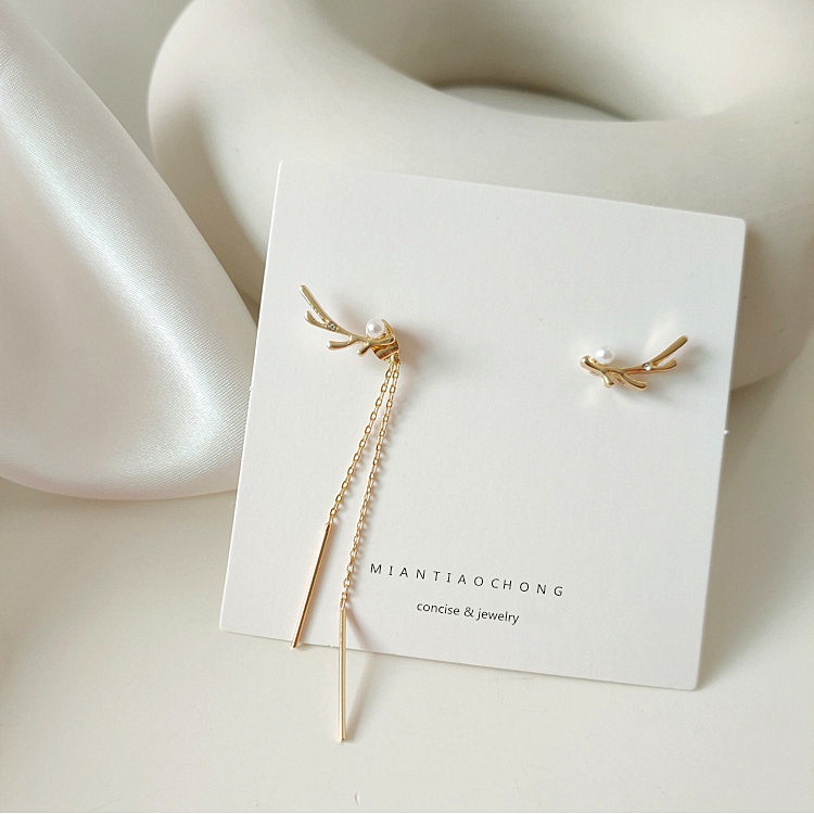 Khuyên tai kẹp không bấm lỗ chốt cố định K110 bằng hợp kim mạ vàng bất đối xứng hính khối đính đá dáng dài Leous