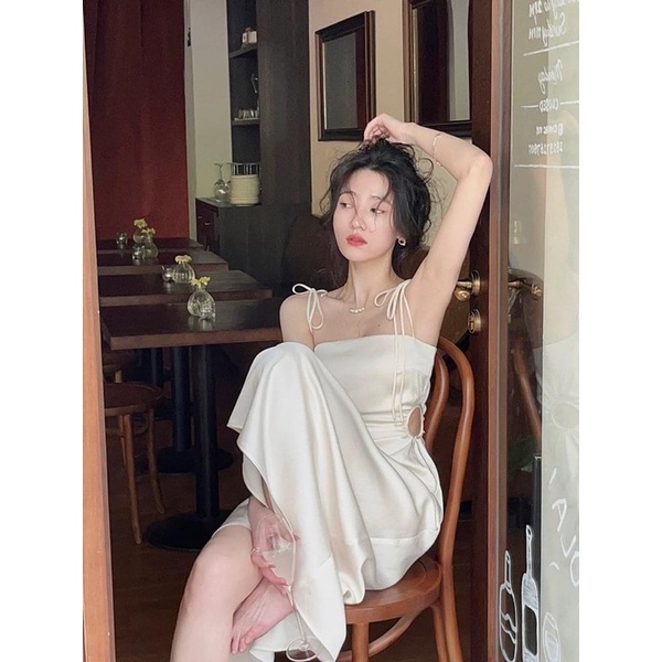 Đầm 2 dây midi rút hở eo