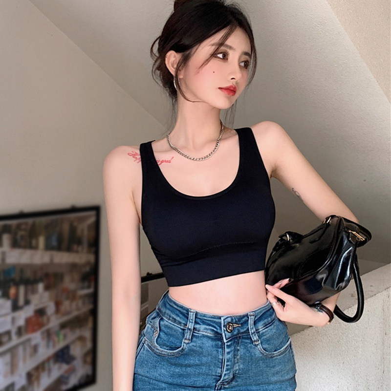 Áo Croptop Dệt Kim Hai Dây Màu Trơn Có Đệm Ngực Thời Trang Mùa Hè Hàn Quốc