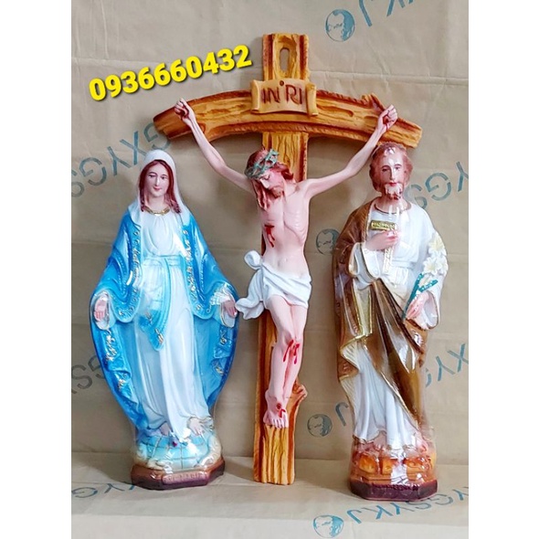 Bộ 3 Tượng Đức Mẹ Ban Ơn Thánh Giuse và Thánh Giá Chúa 30cm composite(mẫu mới 2021)