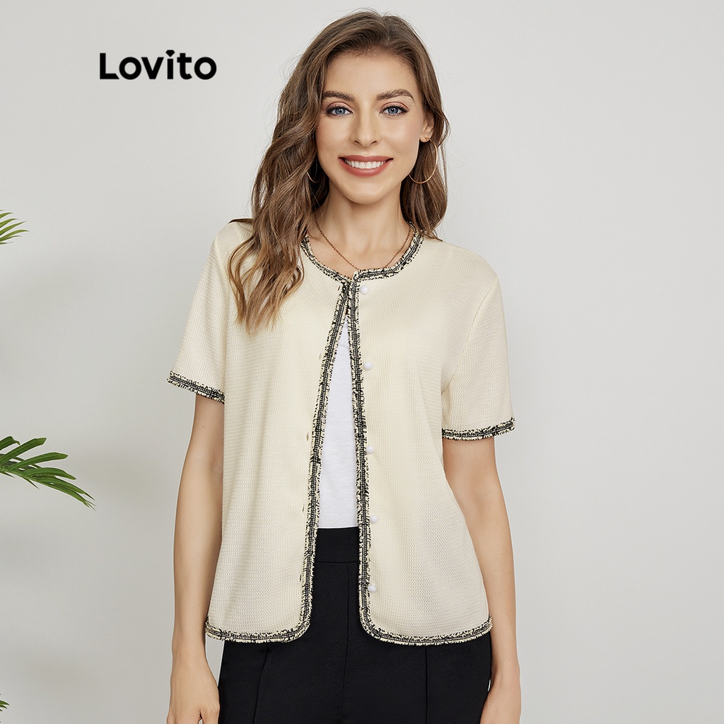 Lovito Áo khoác ngọc trai giả trai trơn tương phản thanh lịch L24ED068 (Trắng nhạt)