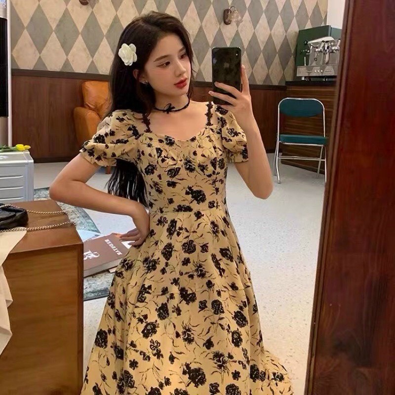 Hết hàng Đầm xòe tay phồng họa tiết có mút ngực xinh xắn