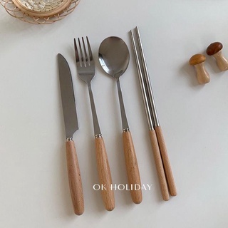 Bộ muỗng đũa nĩa bằng thép không gỉ cán gỗ phong cách retro hàn quốc