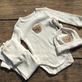 Set body chip 3 chi tiết unisex cotton gân thêu gấu + quần cạp cao vải xuất Hàn. Phù hợp cho cả bé trai gái  kèm mũ   
