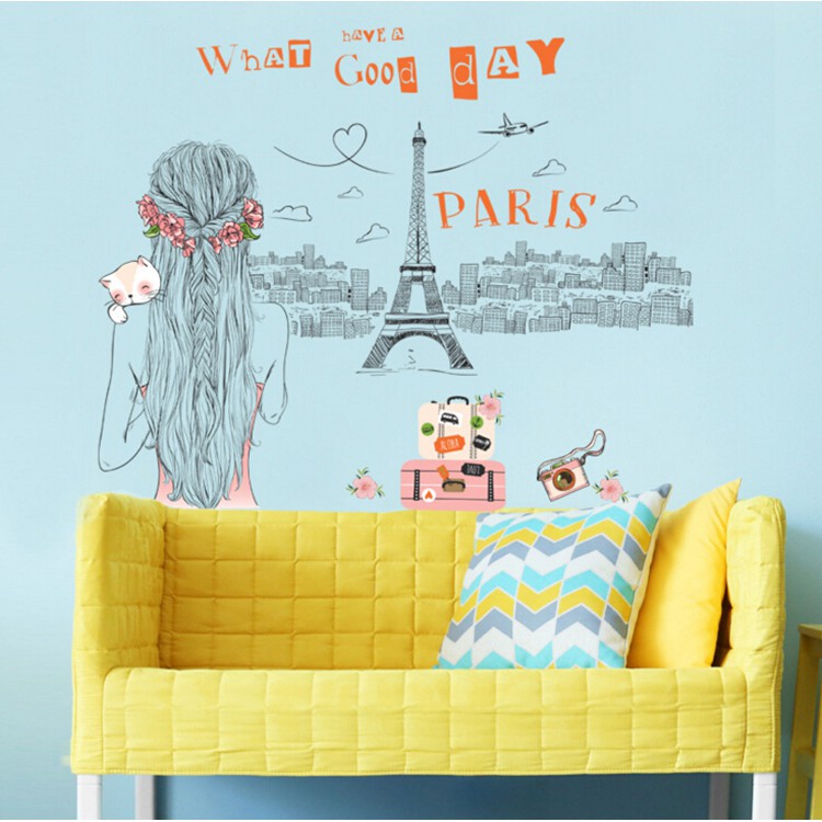 Decal dán tường cô gái nhìn ra tháp Eiffel-thành phố paris nước pháp JM7328