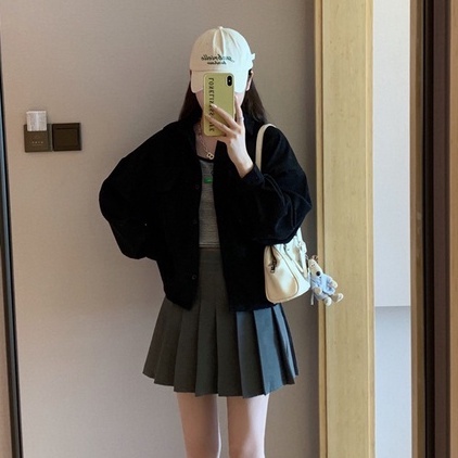 ZHELIHANGFEI Áo Khoác Tay Dài Cổ Bẻ Dáng Rộng Lưng Cao Kiểu Retro Cá Tính