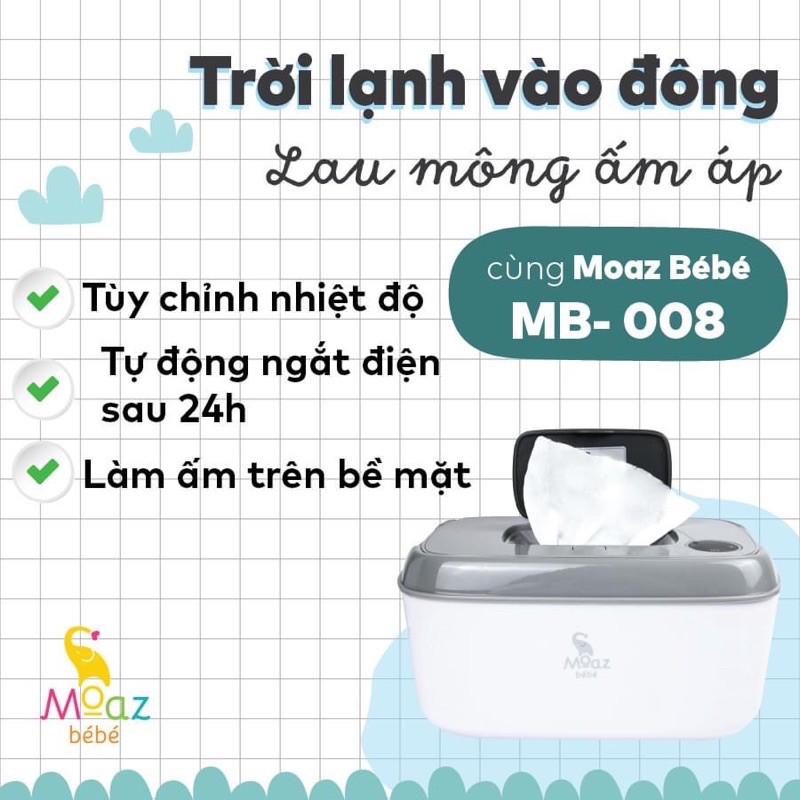 Bảo Hành 1 Năm - Máy làm ấm khăn ướt Moaz bebe MB 008 đèn Led dành cho bé Moazbebe 008
