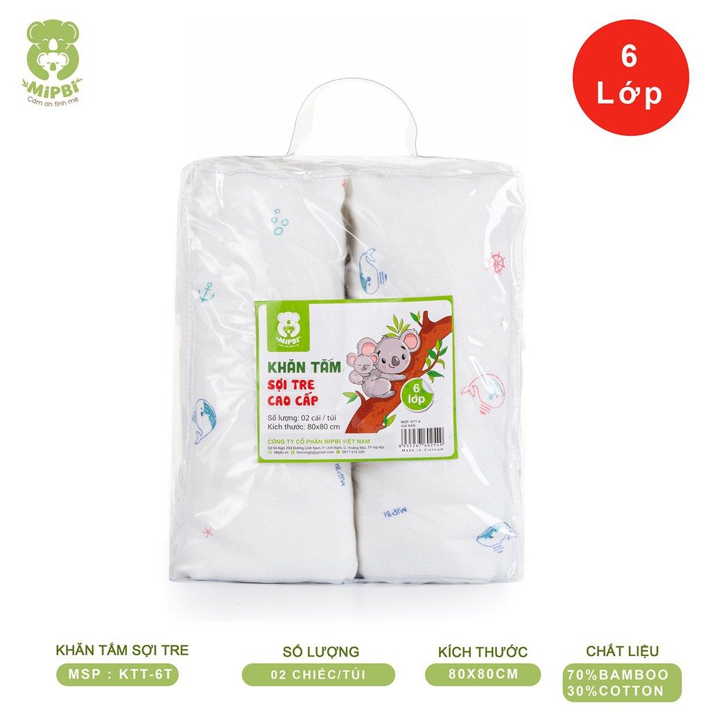 Khăn tắm cao cấp Mipbi 6 lớp 70% sợi tre + 30% cotton mềm mại, kháng khuẩn KTT6 (Túi 2 chiếc 80x80cm)