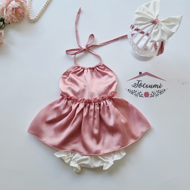 Set bộ yếm lụa nơ lưng hồng cao cấp siêu cưng - Tocxumi