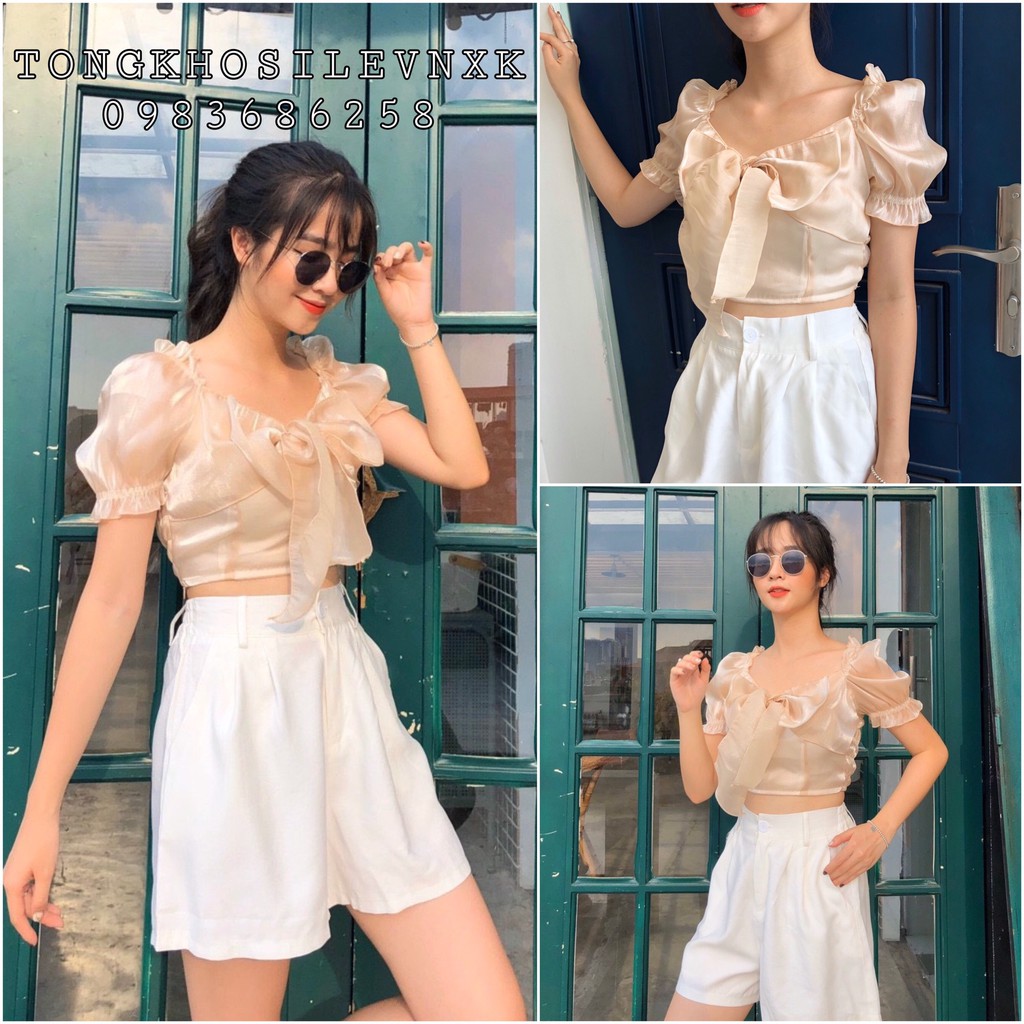 (HÀNG QC) ÁO CROPTOP VOAN KÍNH NƠ NGỰC BẢN TO MÀU BE - ÁO TRỄ VAI MẶC 2 KIỂU CỔ VUÔNG CHIFFON ULZZANG