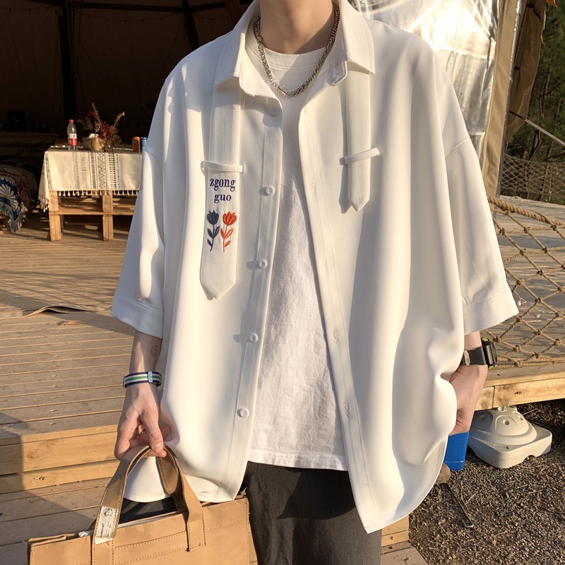 Áo Sơ Mi Tay Ngắn Chất Lụa Lạnh Phong Cách Hong Kong Cá Tính