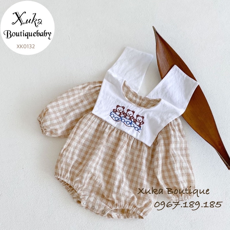 Bodysuit Dài Tay Cổ Yếm Thêu Gấu Bé Gái  Cao Cấp - Body Chip Thêu Gấu Hàn Quốc Bé Gái
