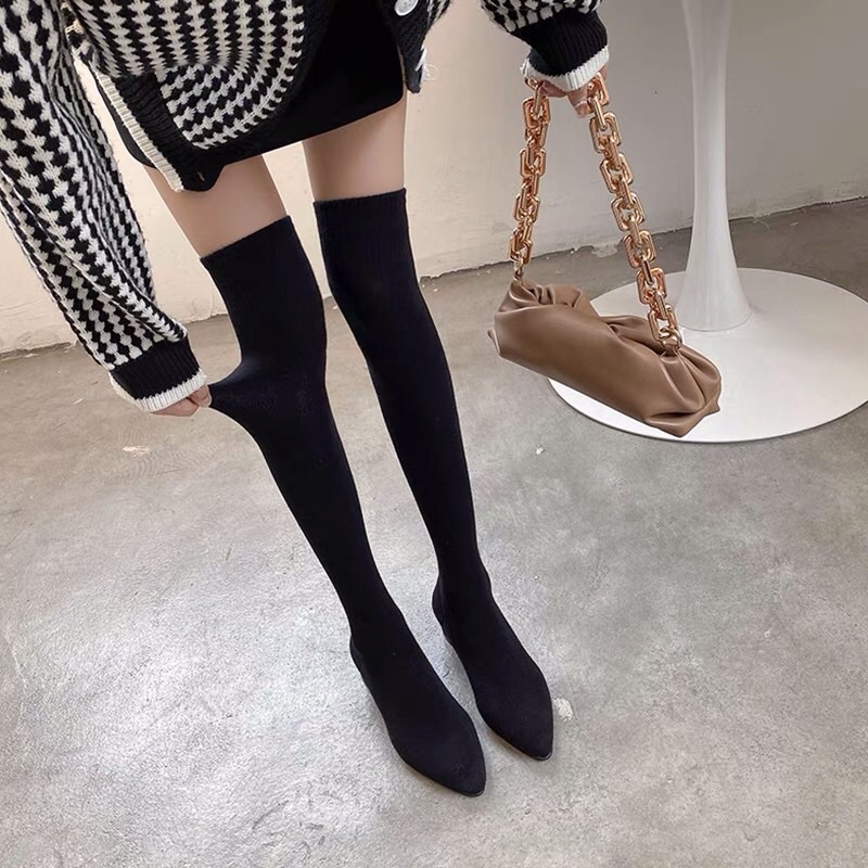 Bốt đùi nữ chất len co giãn ôm chân không tụt gót vuông cao 5cm