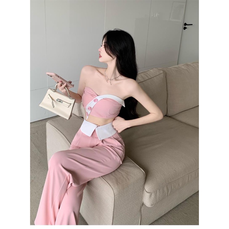 Bộ Áo Ống Màu Trơn + Quần Ống Rộng Thời Trang Mùa Hè Quyến Rũ Cho Nữ