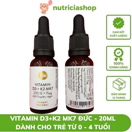 Vitamin D3 K2 Mk7 Sunday Natural 20ml Đức giúp hấp thụ canxi phát triển Chiều Cao tối ưu cho trẻ từ sơ sinh