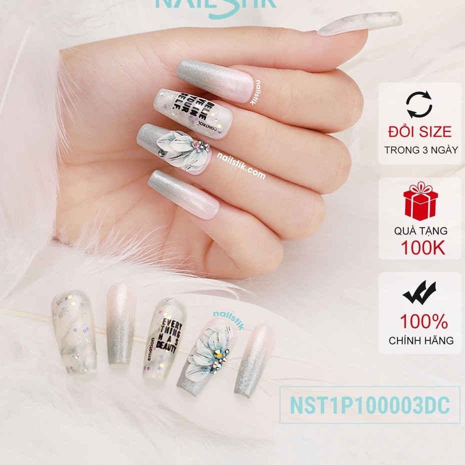Móng úp thiết kế by NAILSTIK, màu xám trắng, form móng coffin, dài 003