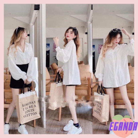 Áo sơ mi nữ trắng dài tay bo chun, Áo sơ mi trắng dài tay nữ tay bèo bo chun chất thô lụa mềm dáng rộng siêu xinh-EGD
