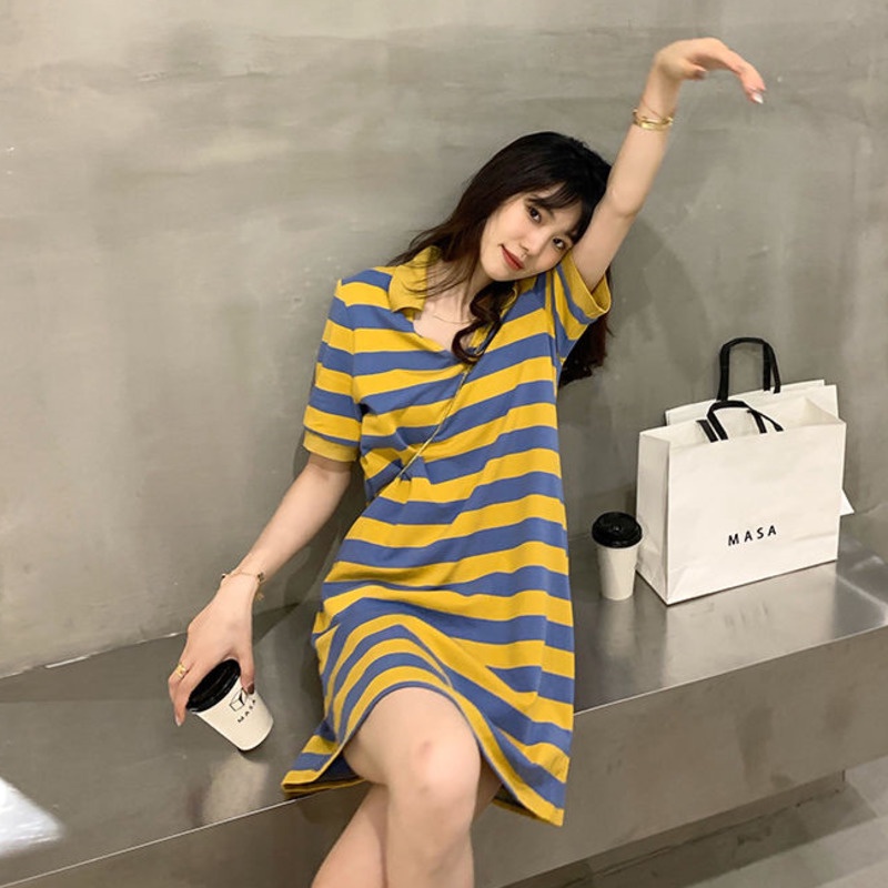 Đầm Thun Tay Ngắn Cổ POLO Form Rộng Họa Tiết Kẻ Sọc Phong Cách Hàn Quốc | BigBuy360 - bigbuy360.vn