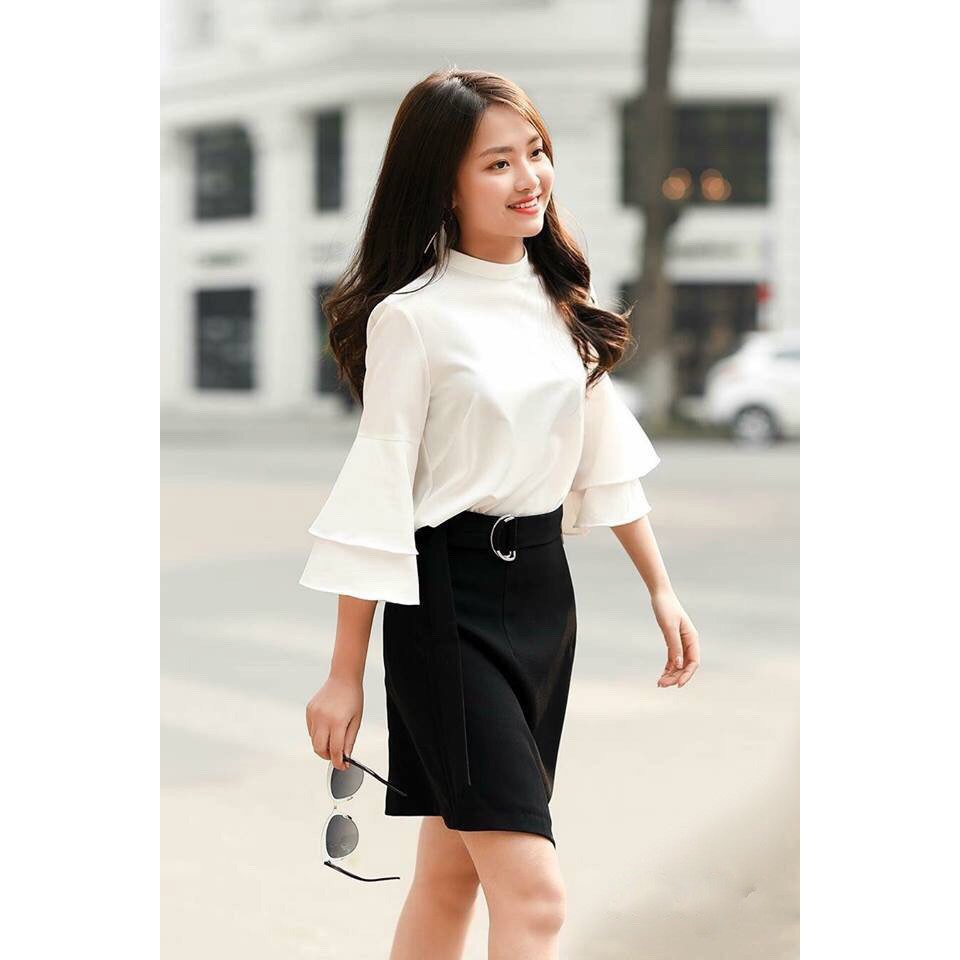 Set bộ công sở áo tay loe váy đắp tà