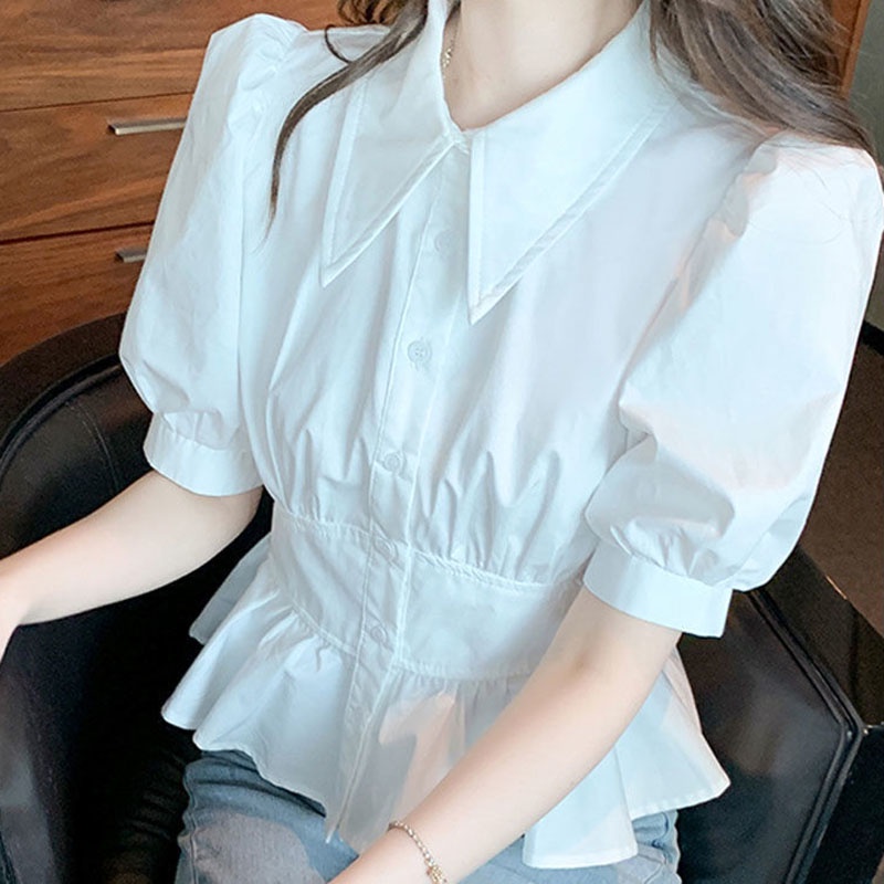 Áo sơ mi Ielgy tay ngắn nhún bèo màu trắng thời trang cho nữ