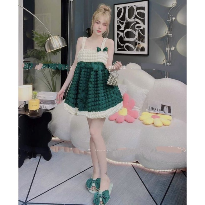 Váy 2 dây xốp phồng tiểu thư siêu xinh ( hình thật )