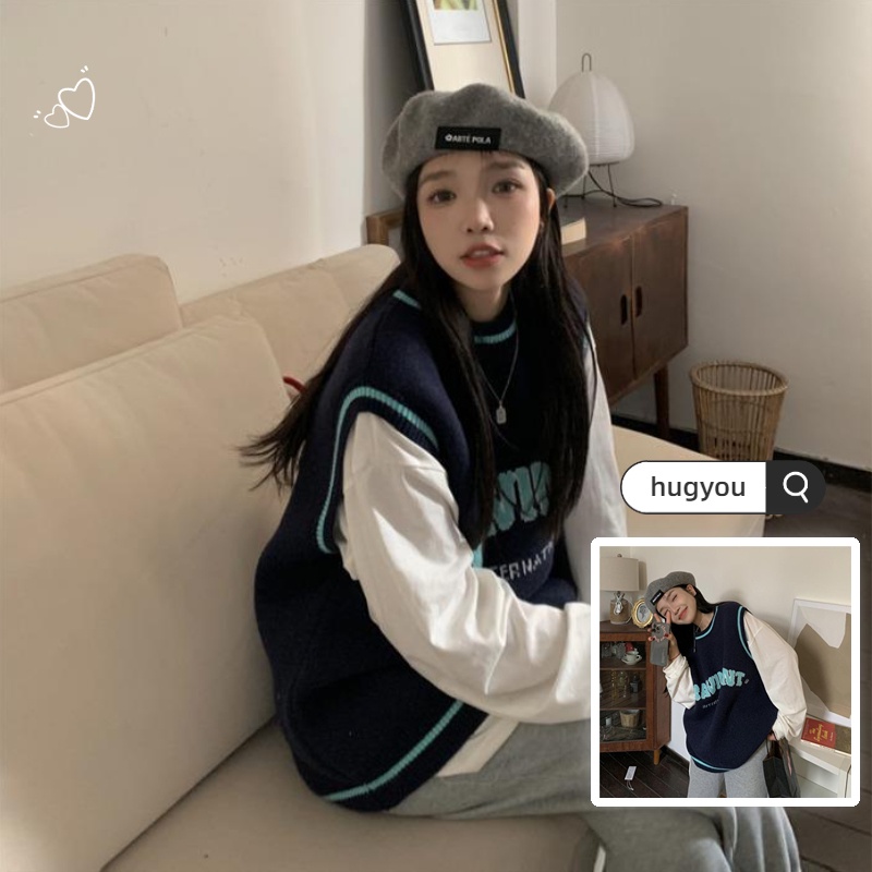 Set Áo Sơ Mi Dài Tay Form Rộng + Áo Len Không Tay Thiết Kế Mới Thời Trang Theo Phong Cách Hàn Quốc Cho Nữ