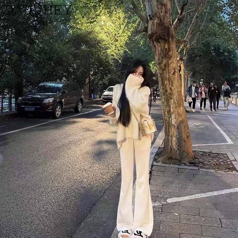 Quần DADUHEY ống loe rộng màu trắng lưng cao phối ôm vừa vặn phong cách Hàn Quốc mới thường ngày dành cho nữ