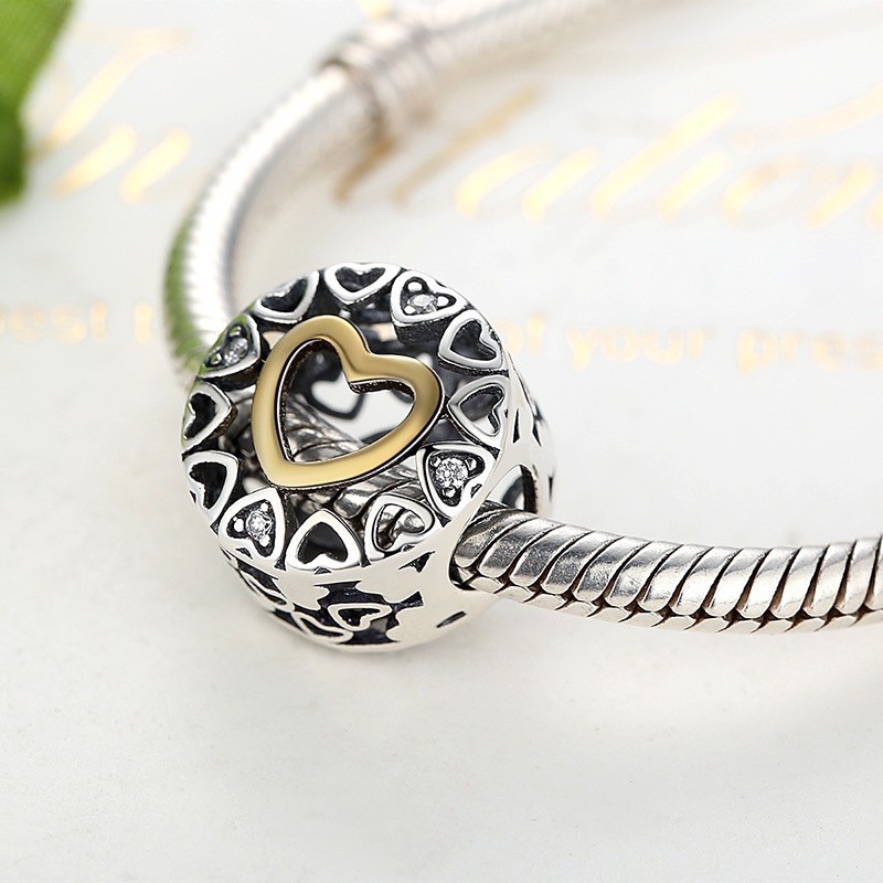 charm pan hoạ tiết tim vàng trắng bạc s925 cao cấp