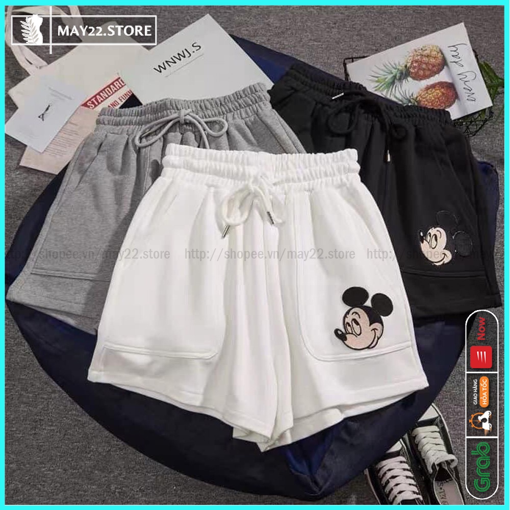 Quần đùi nữ form rộng vải da cá có dây rút, túi in hình miky, quần đùi/short nữ - May22 | BigBuy360 - bigbuy360.vn