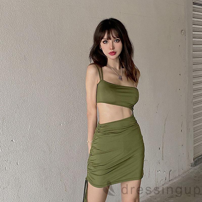 Váy Liền Một Mảnh Xéo Vai Màu Trơn Thiết Kế Vải Nhún Thời Trang Cho Nữ