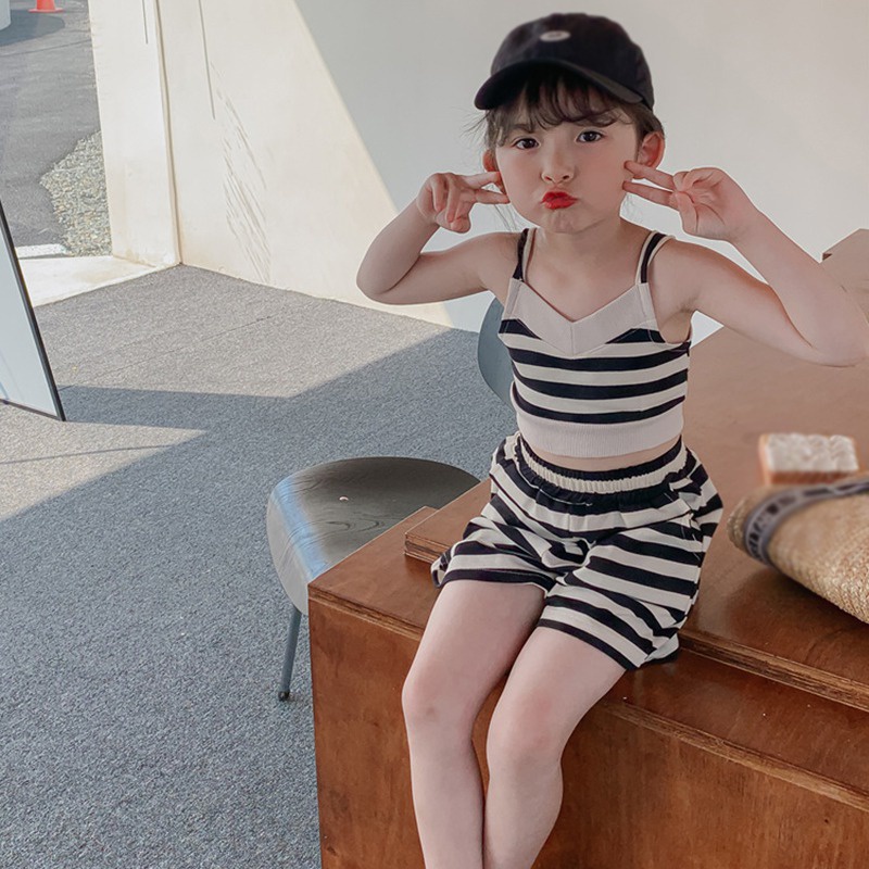 Set Áo Hai Dây Kẻ Sọc + Quần Short Thời Trang Mùa Hè Se7en Cho Bé Gái