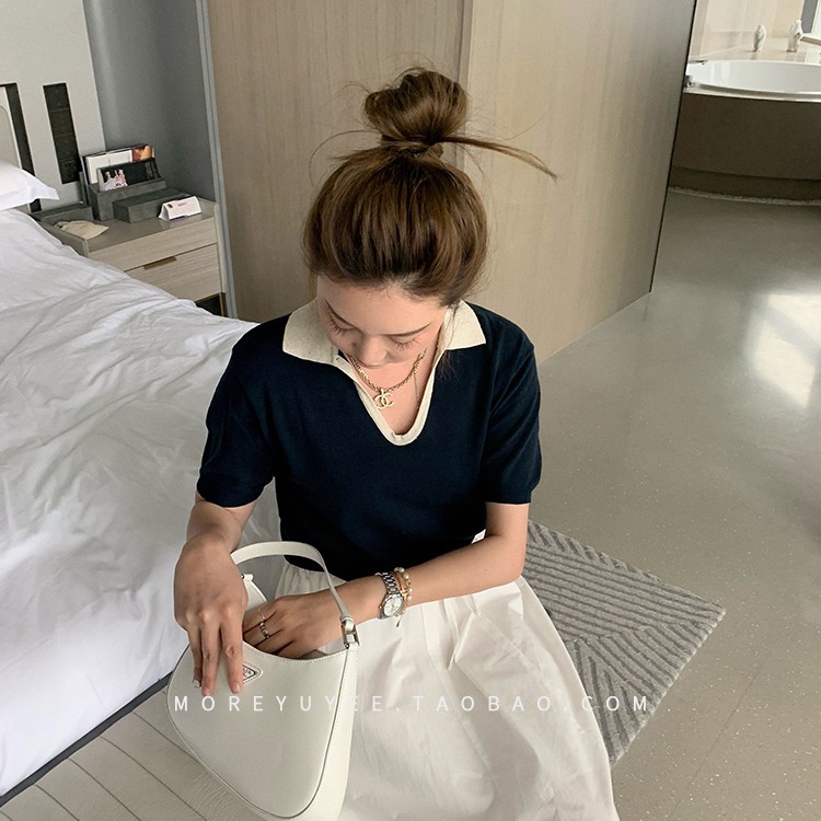 Xiaozhainv áo polo Dệt Kim Tay Ngắn Phong Cách Retro Hàn Quốc Thời Trang Cho Nữ 2 Màu Lựa Chọn