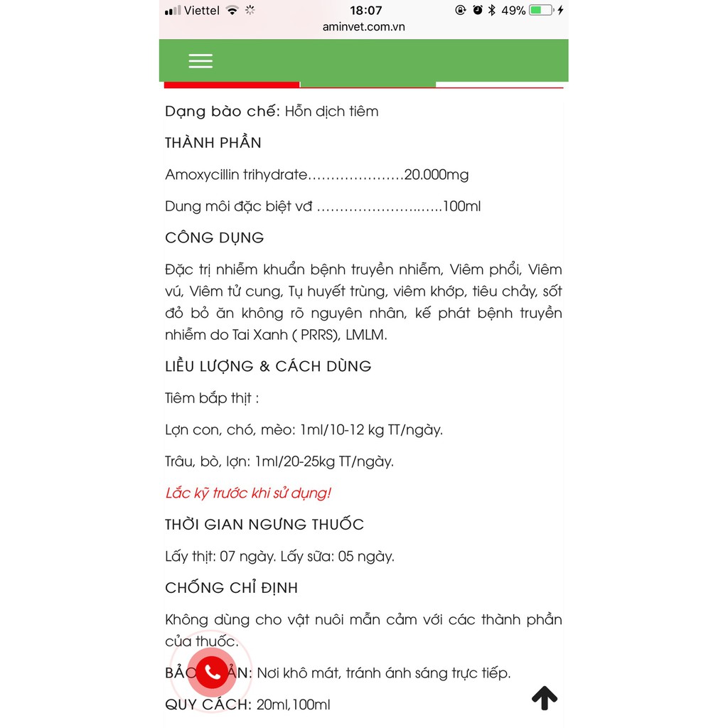 Amox20%/ amox 20% aminvet  chỉ dùng trong thú y