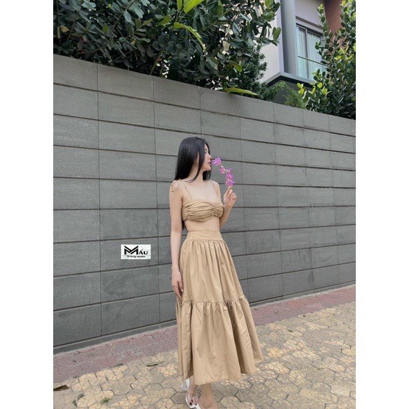 Set croptop 2 dây chân váy xòe tầng đi biển sexy TH602