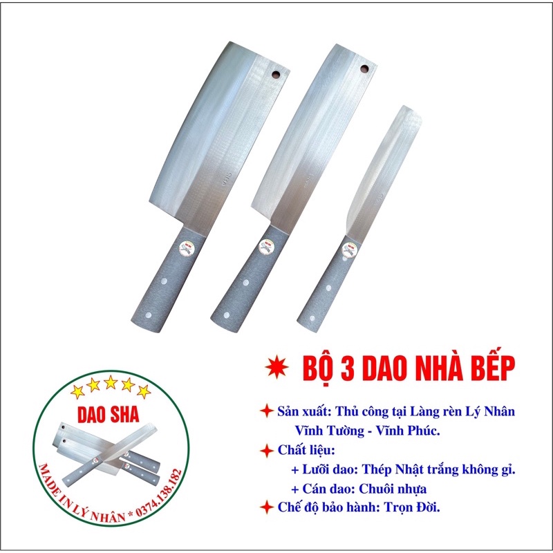 Bộ 3 dao chặt gà, thái thịt, gọt hoa quả bằng thép Nhật trắng không gỉ - Chuôi nhựa - thương hiệu làng rèn Lý Nhân (SHA)