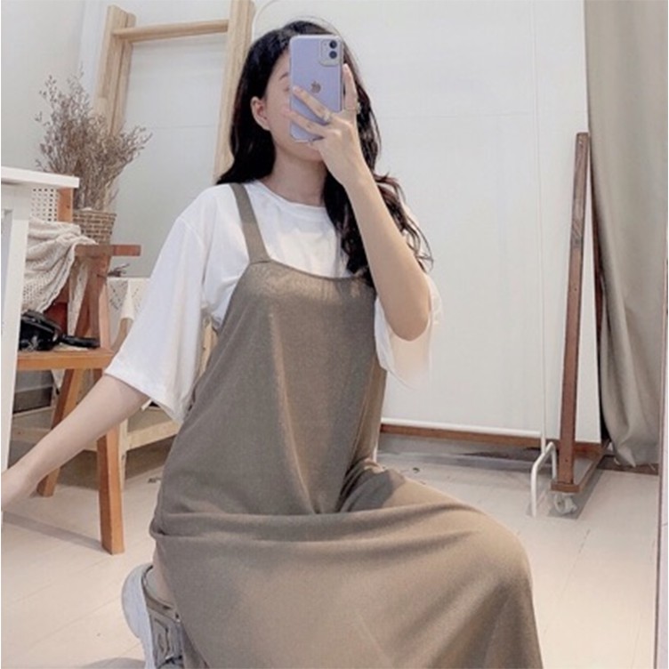 Set Đầm Bầu Yếm Kèm Áo Phông Cotton Tay Lỡ Bộ Váy Yếm Áo Thun Dáng Rộng Hàng VNXK | BigBuy360 - bigbuy360.vn
