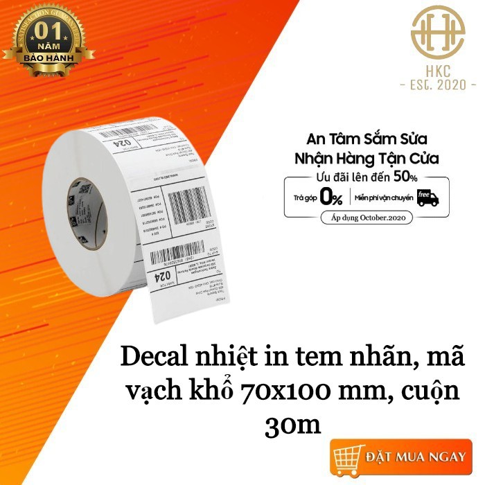 Decal in mã vận đơn, in tem nhãn khổ 70x100 mm, cuộn 30m