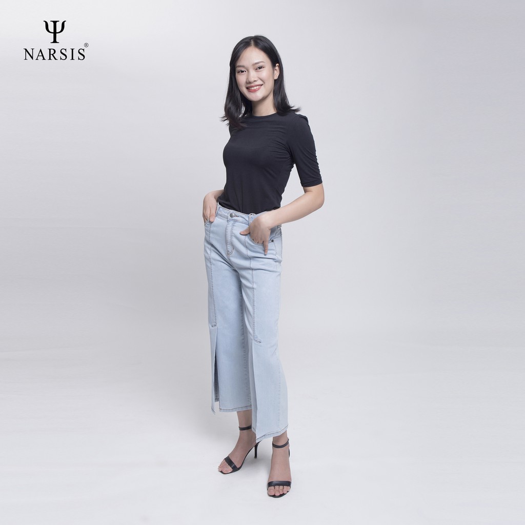 Quần bò nữ ống rộng xẻ gấu xanh dương Narsis P9028