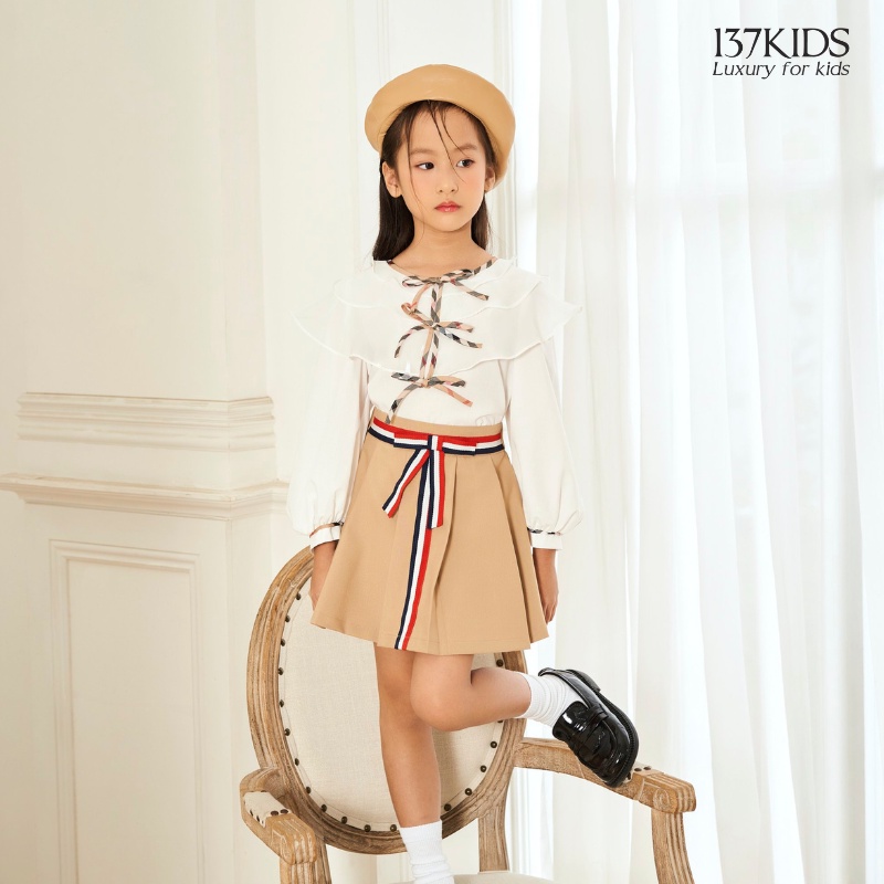 Áo sơ mi trắng dài tay bé gái 137Kids thiết kế nơ bèo xinh xắn