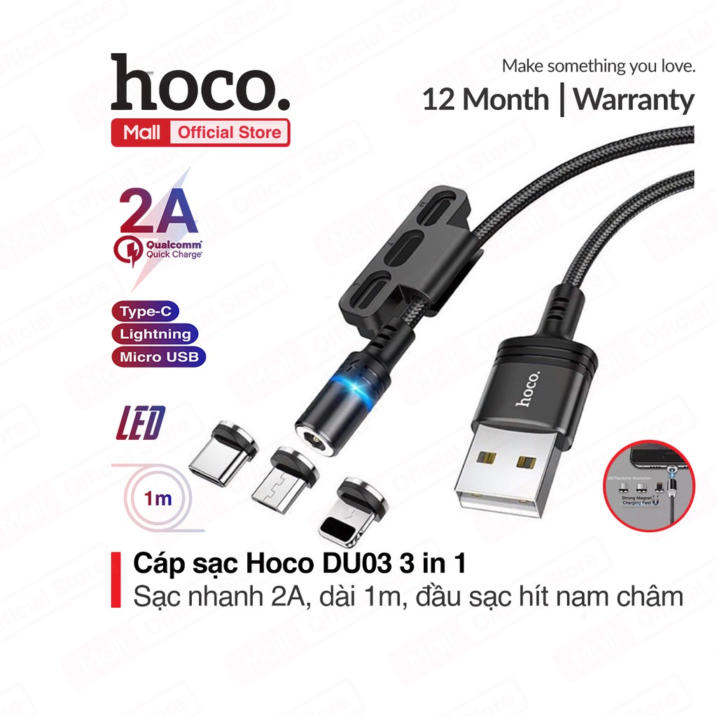 Cáp sạc đầu hít nam châm Hoco DU03 3 in 1 ( Lightning/Micro/Type-c ),sạc nhanh 2A,dài 1m đầu sạc từ tính dễ dàng sử dụng