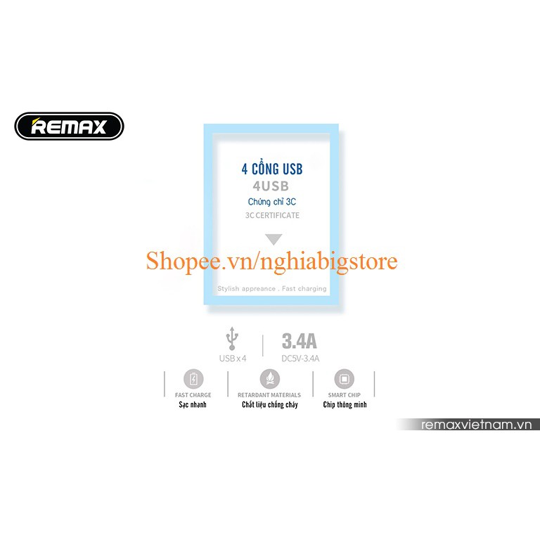 Cục Sạc Điện Thoại Và Máy Tính Bảng 4 Cổng USB Remax 3.4A