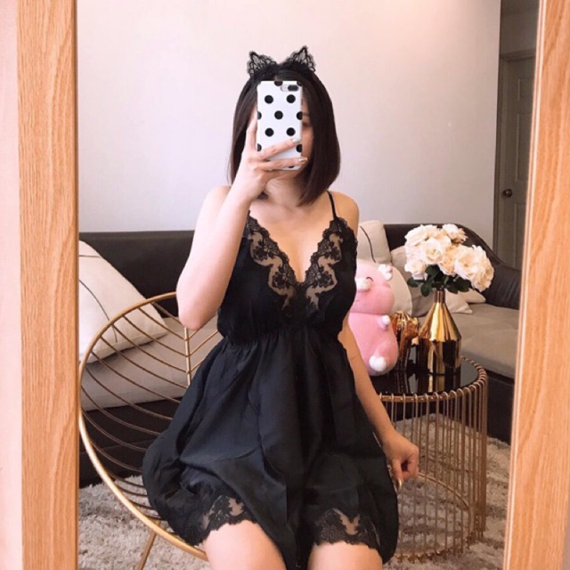 Đầm ngủ phi lụa hai dây phối ren xẻ tà hở lưng gợi cảm ( CHE TÊN SẢN PHẨM) G23