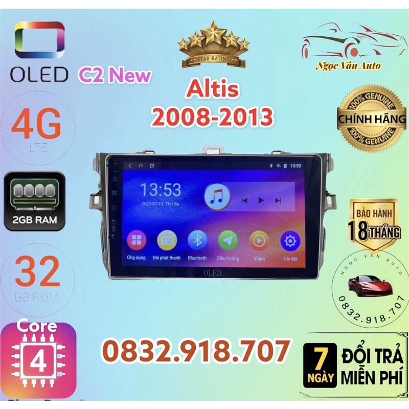 Màn hình Android OLED C2 theo xe Altis 2008 - 2013. 9 inch kèm dưỡng và jack zin