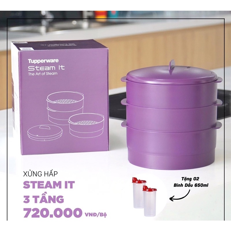 BLACK FRIDAY - KÈM QUÀ !!! Tupperware - Xửng hấp 3 tầng  Steam it Paradise TÍM - XANH ( phiên bản mới )