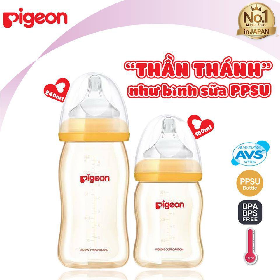 Bình sữa Pigeon cổ rộng PPSU Plus 160ml - 240ml