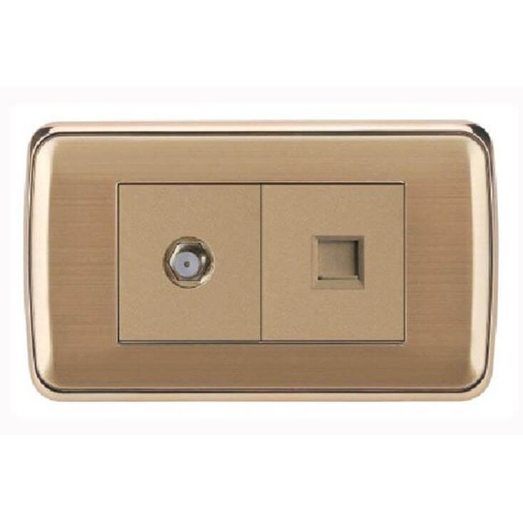 (Công tắc ổ cắm KLASS) Ổ cắm TV + ổ cắm điện thoại, hình chữ nhật, màu vàng đồng, KLASS 118KV1 118KV1-036