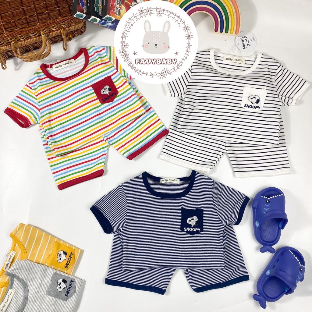 Bộ MINKY MOM Bé Trai Bé Gái Cotton Hàn Cộc Tay Túi Hình Snoopy Sọc Nhiều Màu Quần Áo Trẻ Em 0 1 2 3 4 5 Tuổi - Favybaby